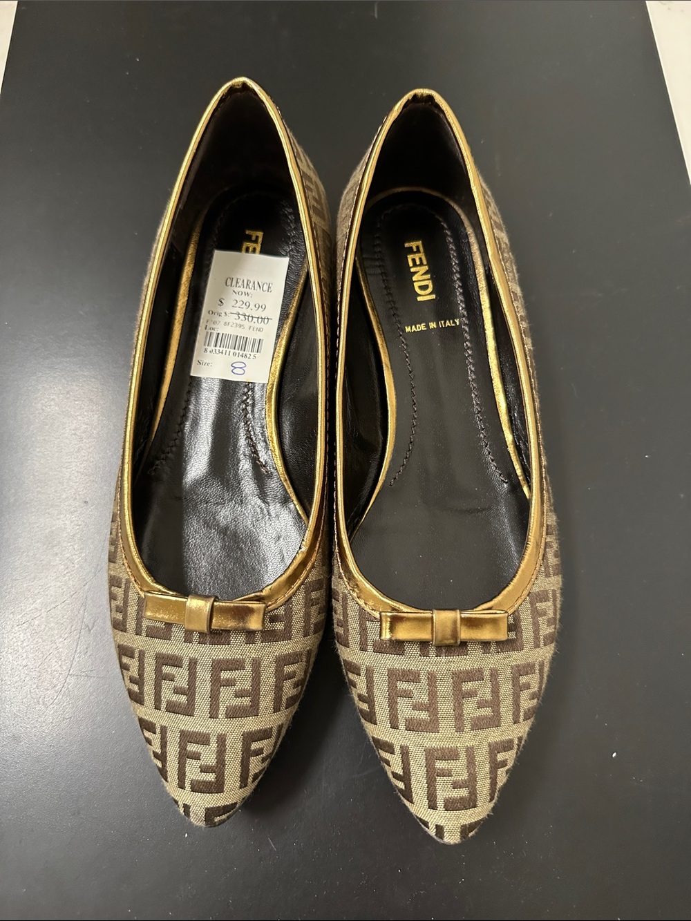 New Fendi Brown Monogram Pointed Toe Flats with Gold Trim Bow